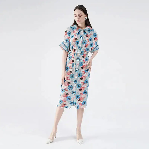 Miyake pleated flower dress spring summer cardigan women flare sleeve Nexellus