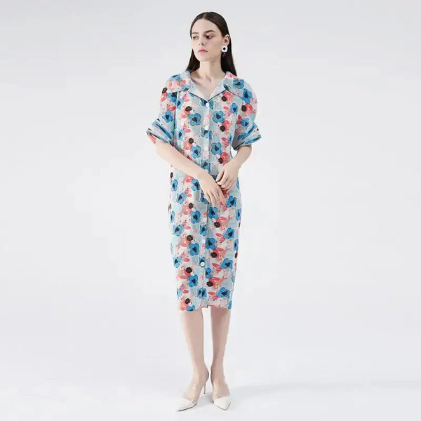 Miyake pleated flower dress spring summer cardigan women flare sleeve Nexellus