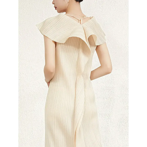 Miyake pleated irregular v-neck sleeveless dress korean fashion causal Nexellus