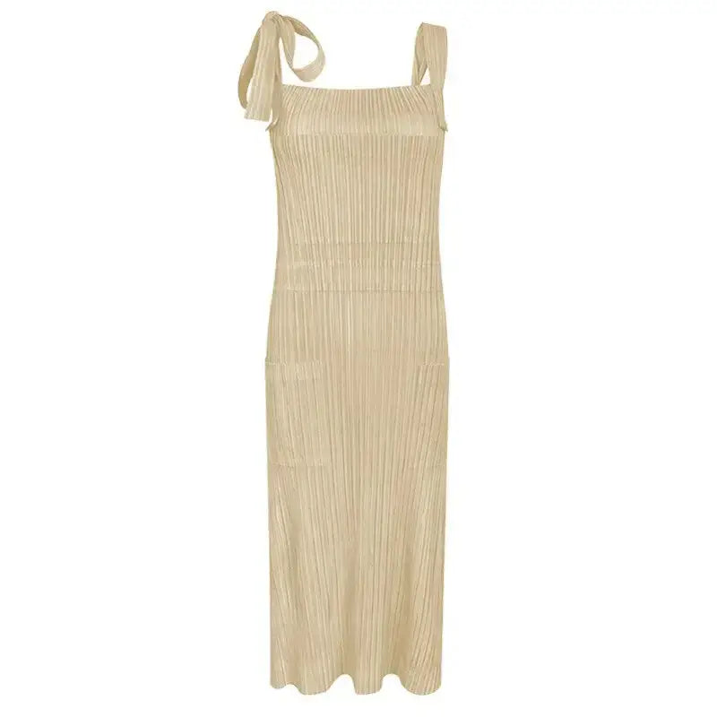 Miyake pleated mid-length solid color pocket halter sleeveless dress Nexellus