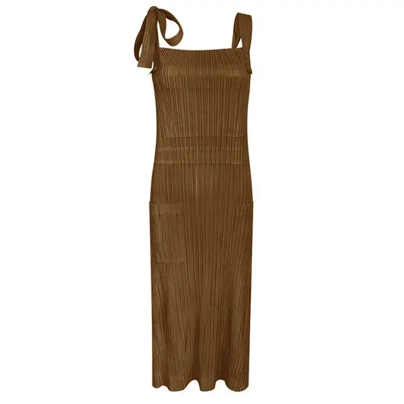 Miyake pleated mid-length solid color pocket halter sleeveless dress Nexellus