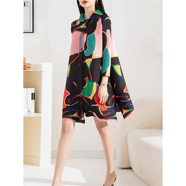 Miyake pleated printed midi dress for women 2023 spring autumn polo Nexellus