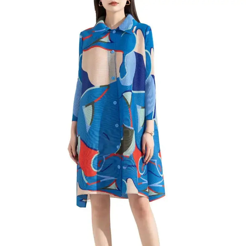 Miyake pleated printed midi dress for women 2023 spring autumn polo Nexellus