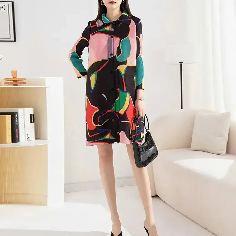 Miyake pleated printed midi dress for women 2023 spring autumn polo Nexellus