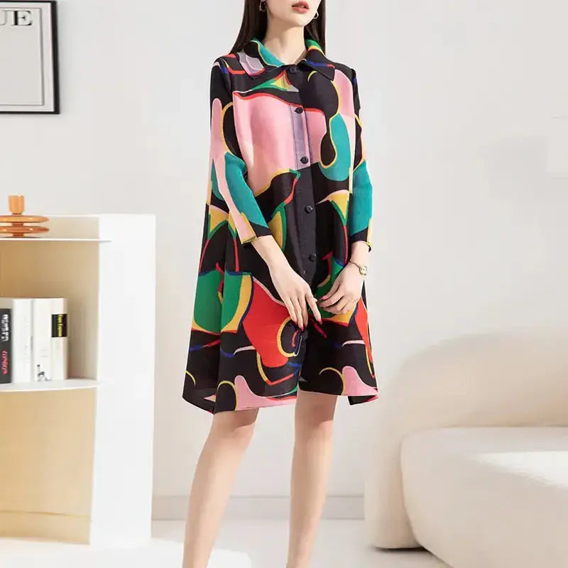 Miyake pleated printed midi dress for women 2023 spring autumn polo Nexellus