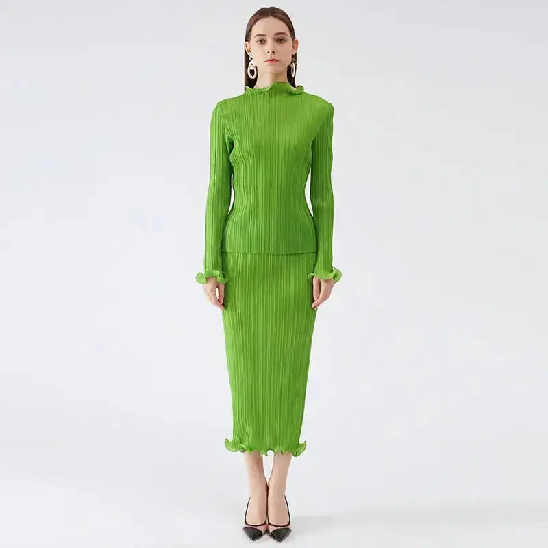 Miyake pleated spring autumn green skirt two piece sets elegant casual Nexellus