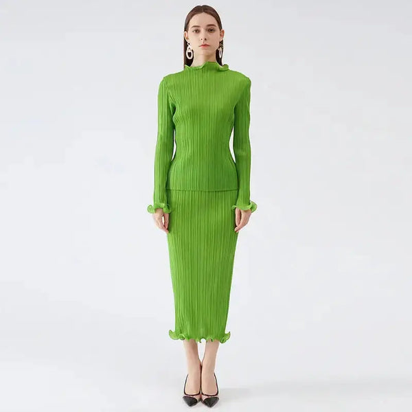 Miyake pleated spring autumn green skirt two piece sets elegant casual Nexellus