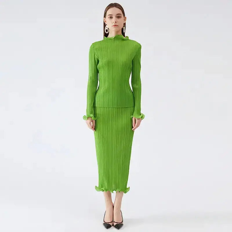 Miyake pleated spring autumn green skirt two piece sets elegant casual Nexellus