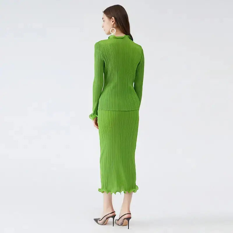 Miyake pleated spring autumn green skirt two piece sets elegant casual Nexellus