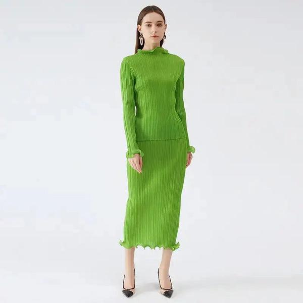 Miyake pleated spring autumn green skirt two piece sets elegant casual Nexellus