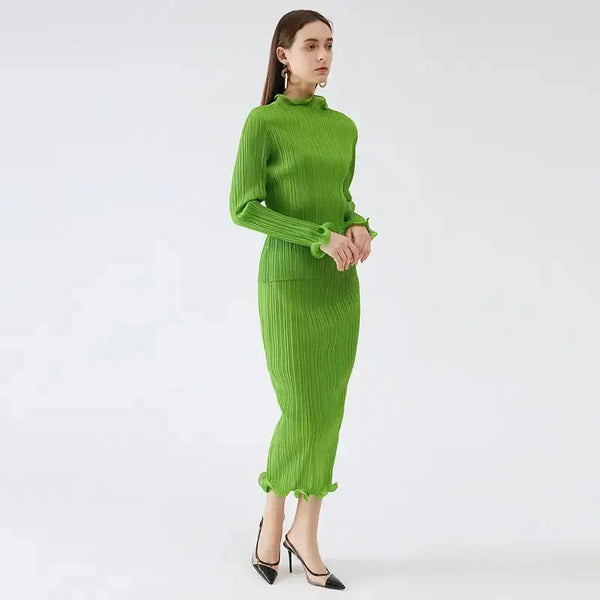 Miyake pleated spring autumn green skirt two piece sets elegant casual Nexellus