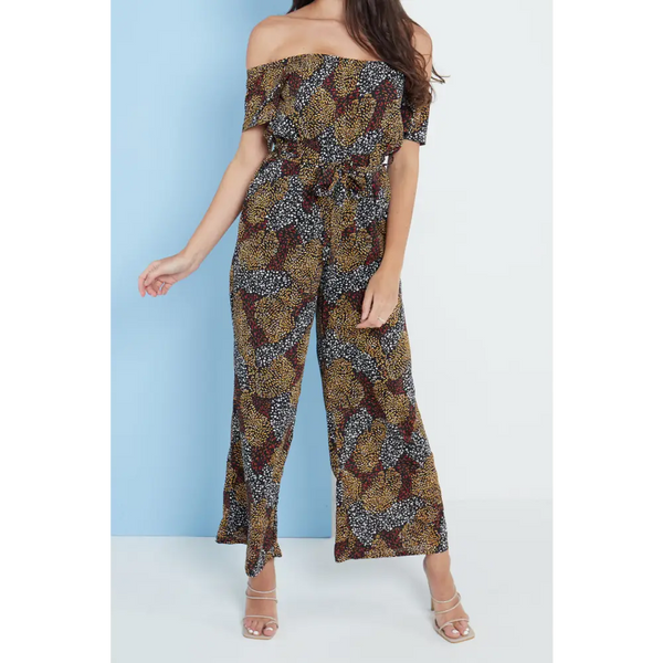 Multi spot print bardot culotte jumpsuit