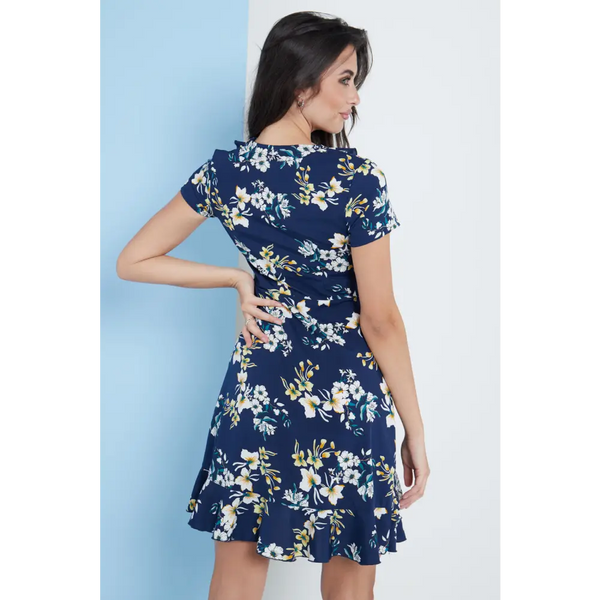 Navy blue floral wrap frill dress