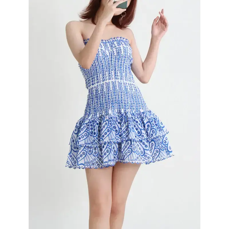 New arrival strapless slim ruffle hem embroidered short dress Nexellus