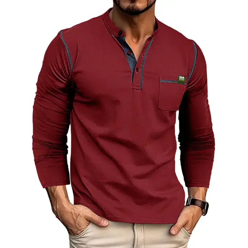 New men's henley color block knitted long sleeve t-shirt Nexellus