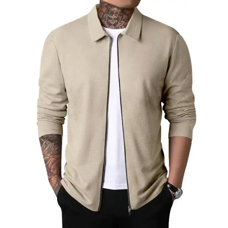 New men's waffle zip lapel jacket jacket cardigan tops Nexellus