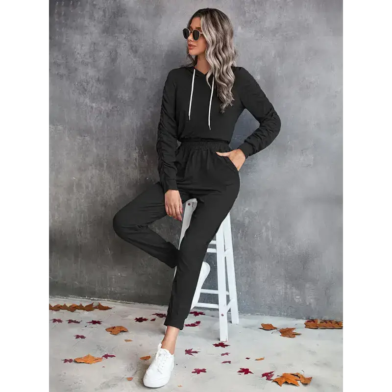 New solid color casual pleated hooded long-sleeved suit Nexellus