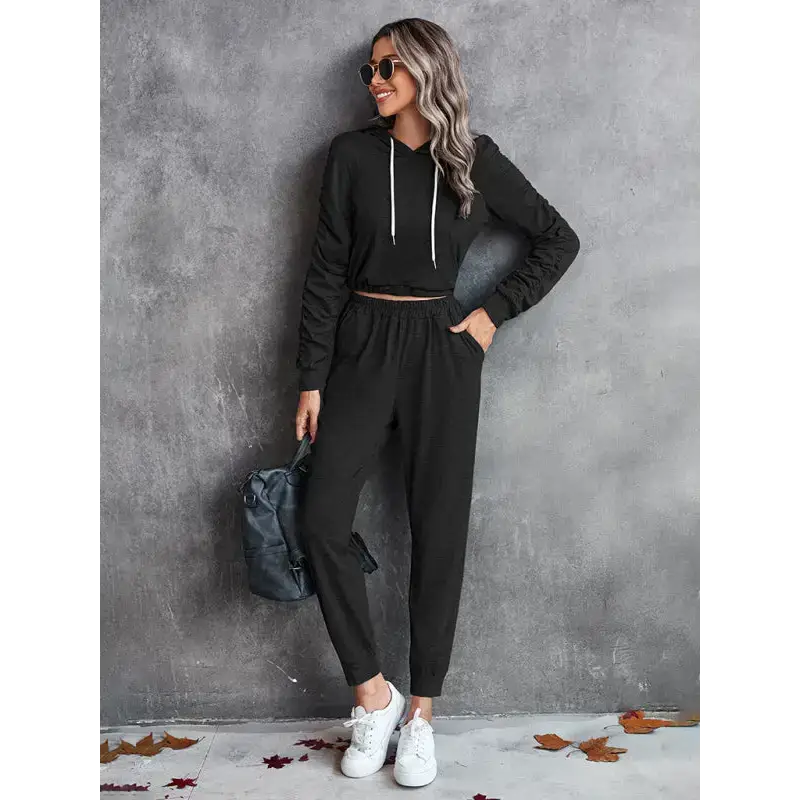 New solid color casual pleated hooded long-sleeved suit Nexellus