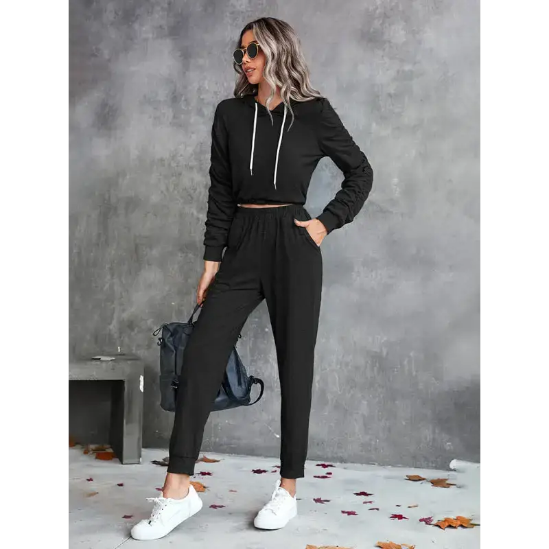 New solid color casual pleated hooded long-sleeved suit Nexellus