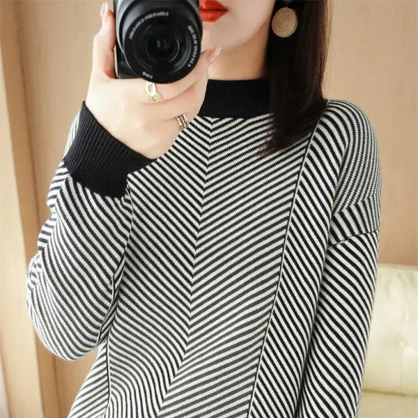 O neck women striped sweater streetwear knitted pullovers top Nexellus