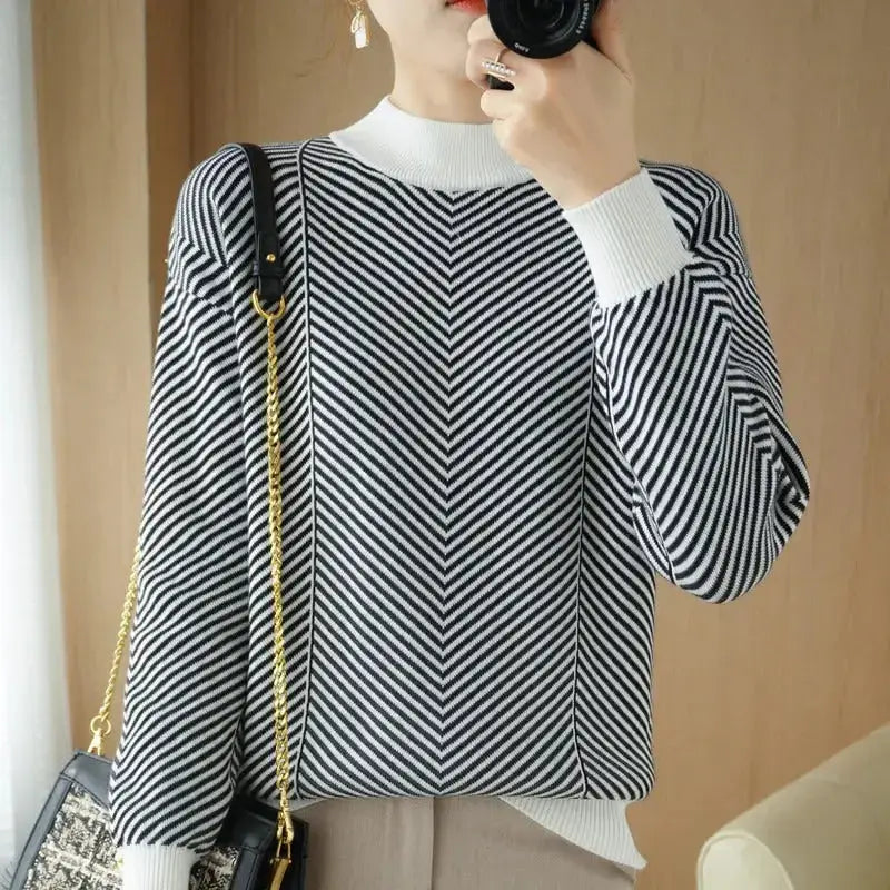 O neck women striped sweater streetwear knitted pullovers top Nexellus