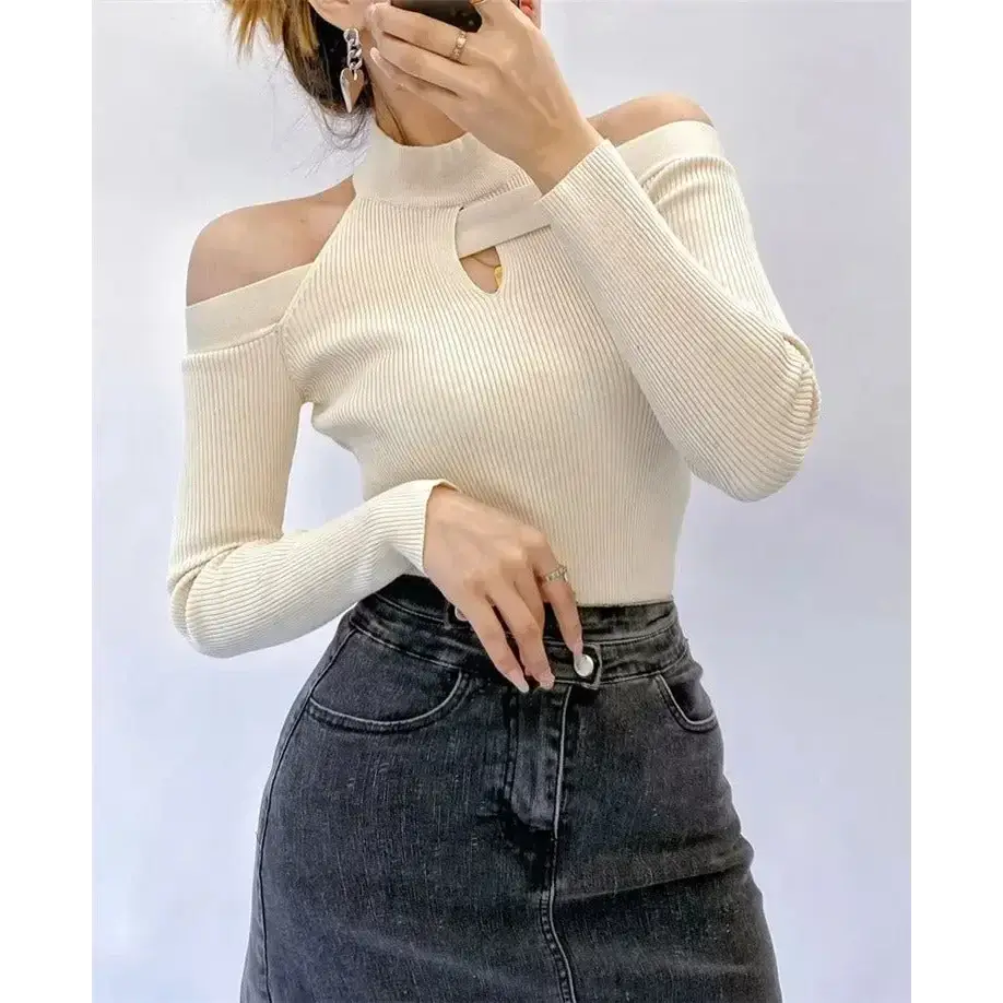 Off shoulder elegant solid color bodycon women sweater Nexellus