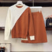 Office Lady Two-Piece Set Knitting Patchwork Brown & White Sweater with Mini Skirt Nexellus