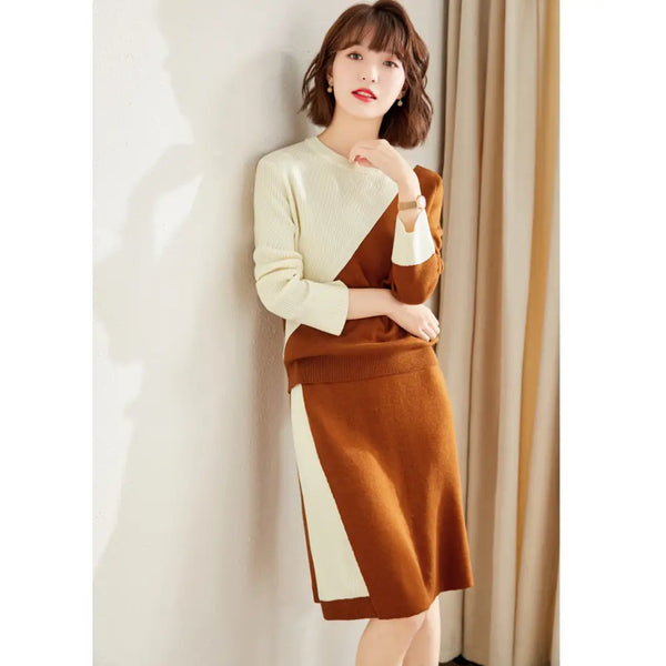 Office Lady Two-Piece Set Knitting Patchwork Brown & White Sweater with Mini Skirt Nexellus