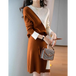 Office Lady Two-Piece Set Knitting Patchwork Brown & White Sweater with Mini Skirt Nexellus