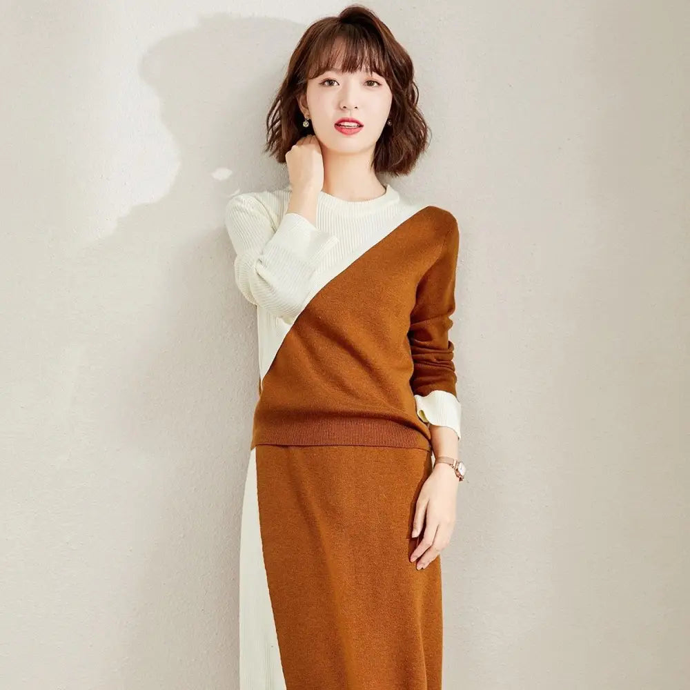 Office Lady Two-Piece Set Knitting Patchwork Brown & White Sweater with Mini Skirt Nexellus