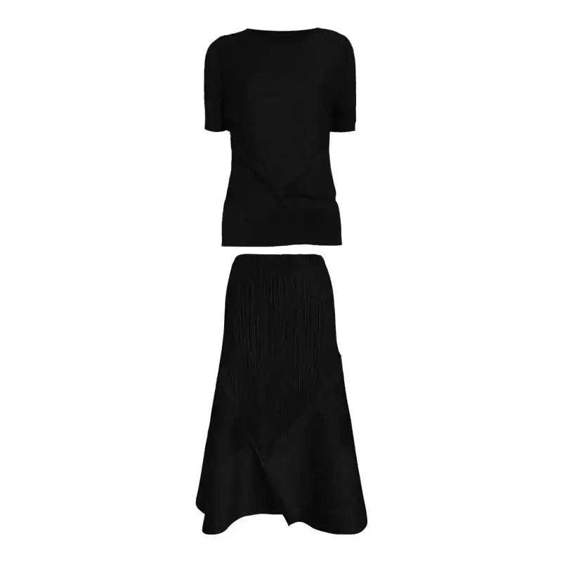 Pleated 2 pieces set women short sleeve top + elastic waist a line Nexellus