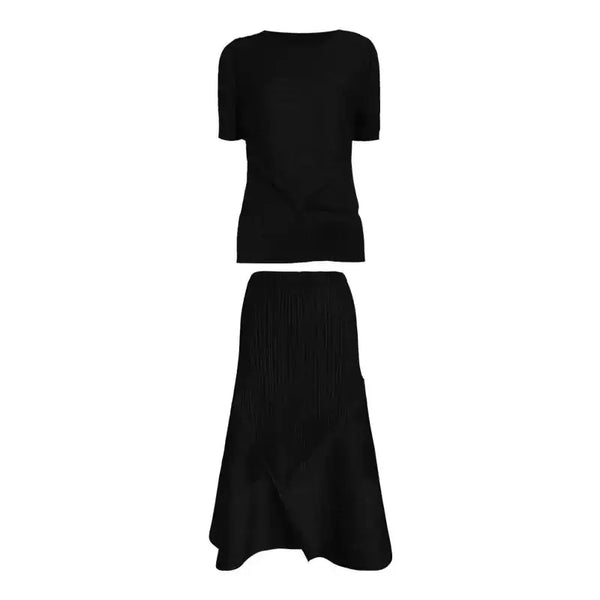 Pleated 2 pieces set women short sleeve top + elastic waist a line Nexellus