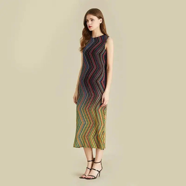 Pleated dress women sleeveless colorful striped halter long length Nexellus