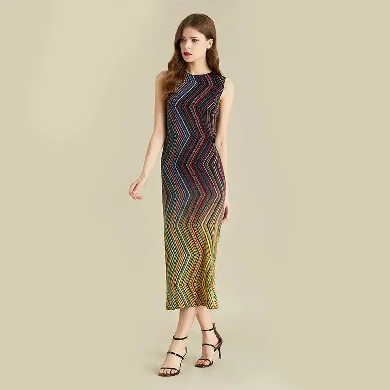 Pleated dress women sleeveless colorful striped halter long length Nexellus