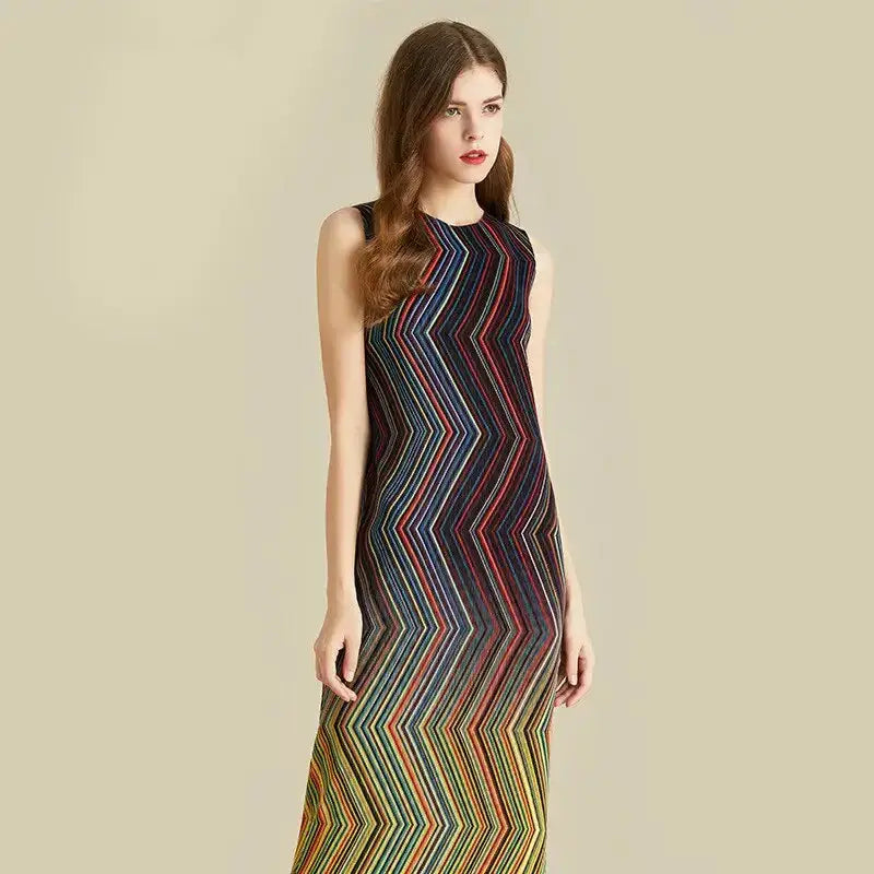 Pleated dress women sleeveless colorful striped halter long length Nexellus