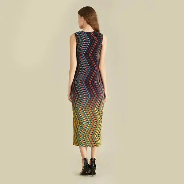 Pleated dress women sleeveless colorful striped halter long length Nexellus