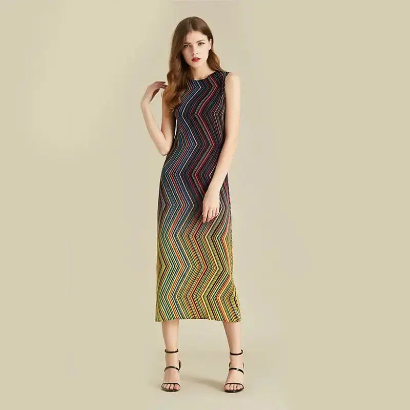 Pleated dress women sleeveless colorful striped halter long length Nexellus