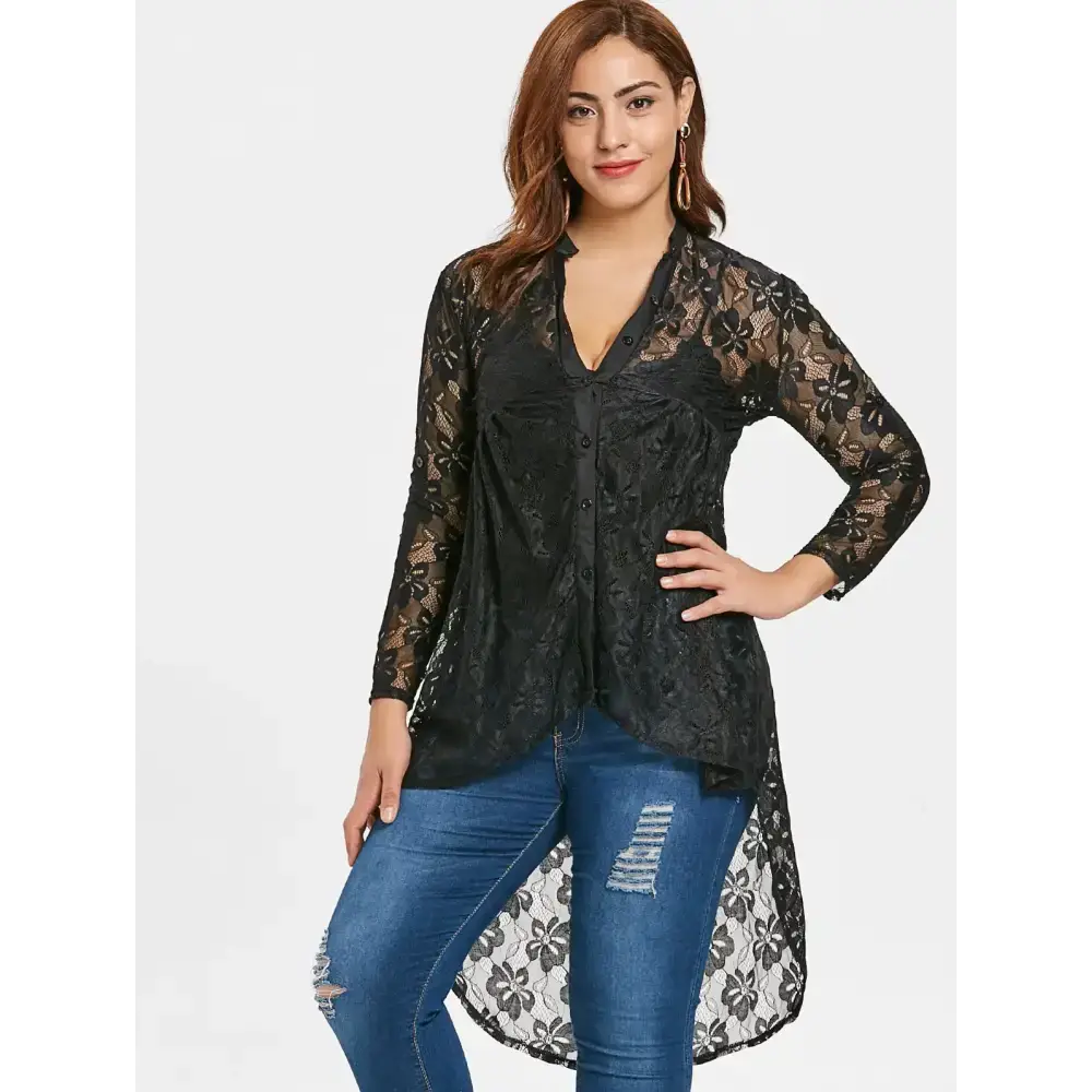 Plus size button up high low lace blouse Nexellus