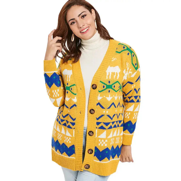 Plus size elk print christmas button cardigan Nexellus