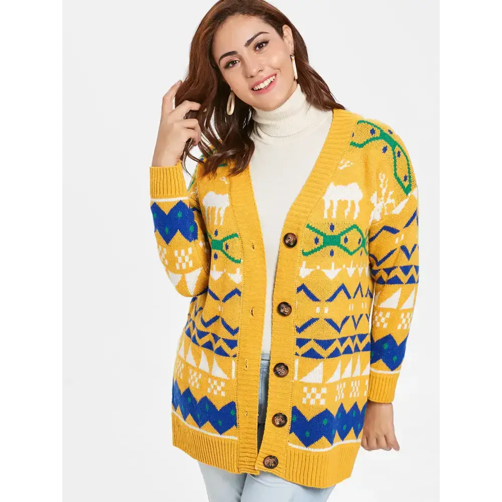 Plus size elk print christmas button cardigan Nexellus