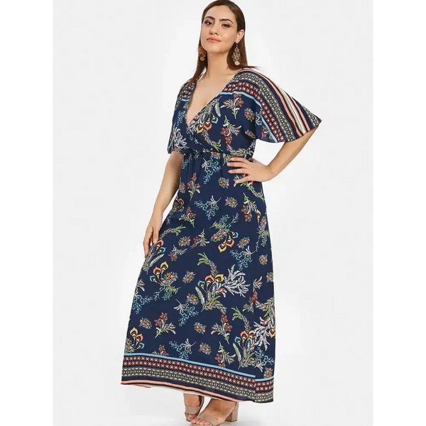 Plus size floral print maxi surplice dress Nexellus