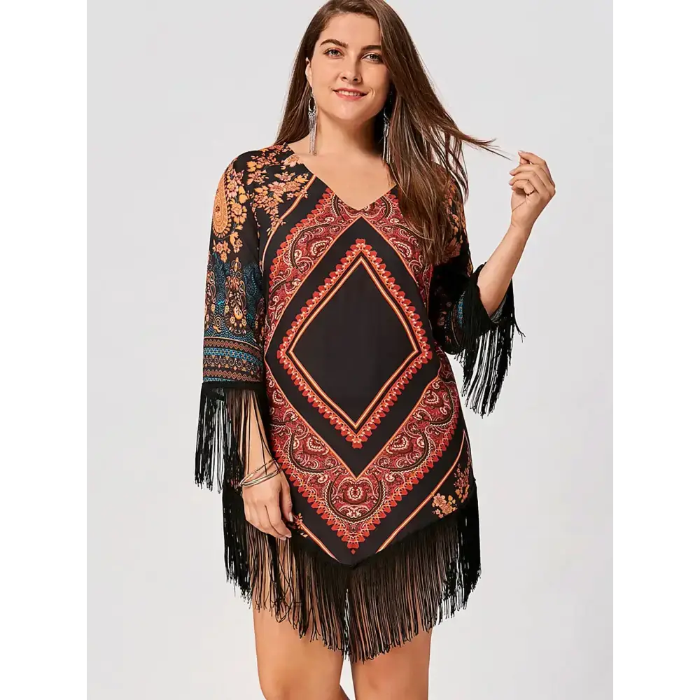 Plus size tribal printed chiffon tassel dress Nexellus