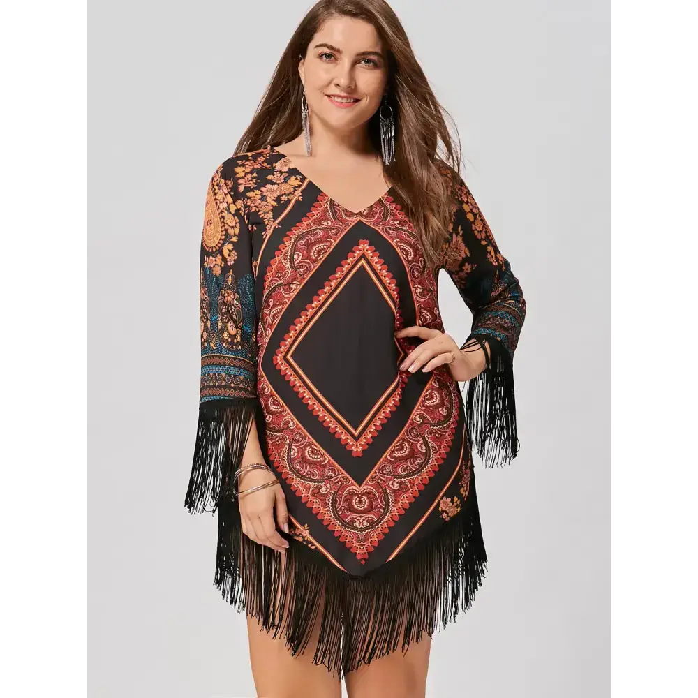 Plus size tribal printed chiffon tassel dress Nexellus