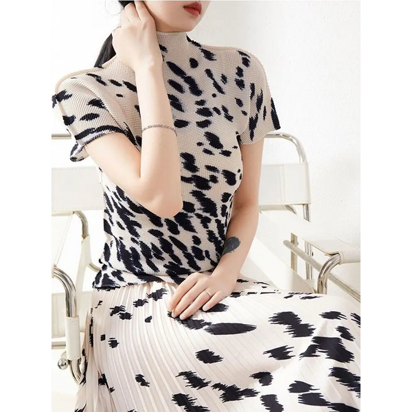 Printed Short Sleeve Pleated T-shirt & Loose Long Skirt Retro Two-Piece Set Nexellus