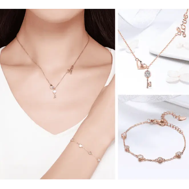 Rose Gold Lock Love Pendant Necklace Jewelry Set - Nexellus