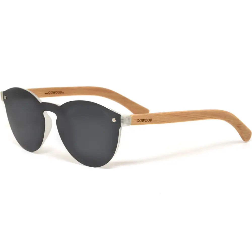 Round bamboo wood sunglasses with special one piece polarized dark grey lens - Nexellus