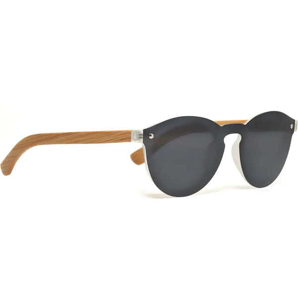 Round bamboo wood sunglasses with special one piece polarized dark grey lens - Nexellus