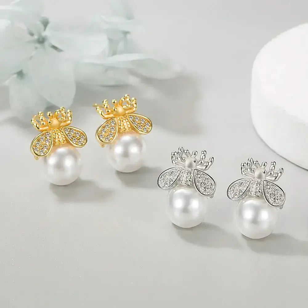 S925 new bee pearl earrings light luxury temperament freshwater Nexellus