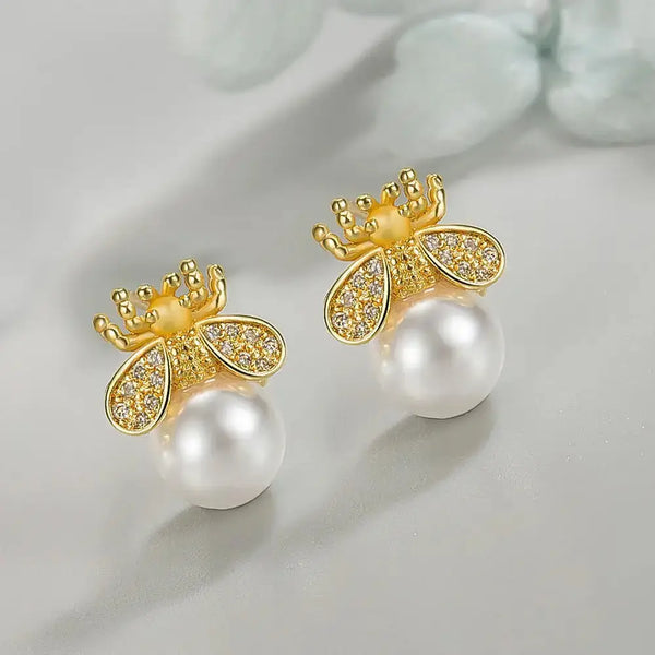 S925 new bee pearl earrings light luxury temperament freshwater Nexellus