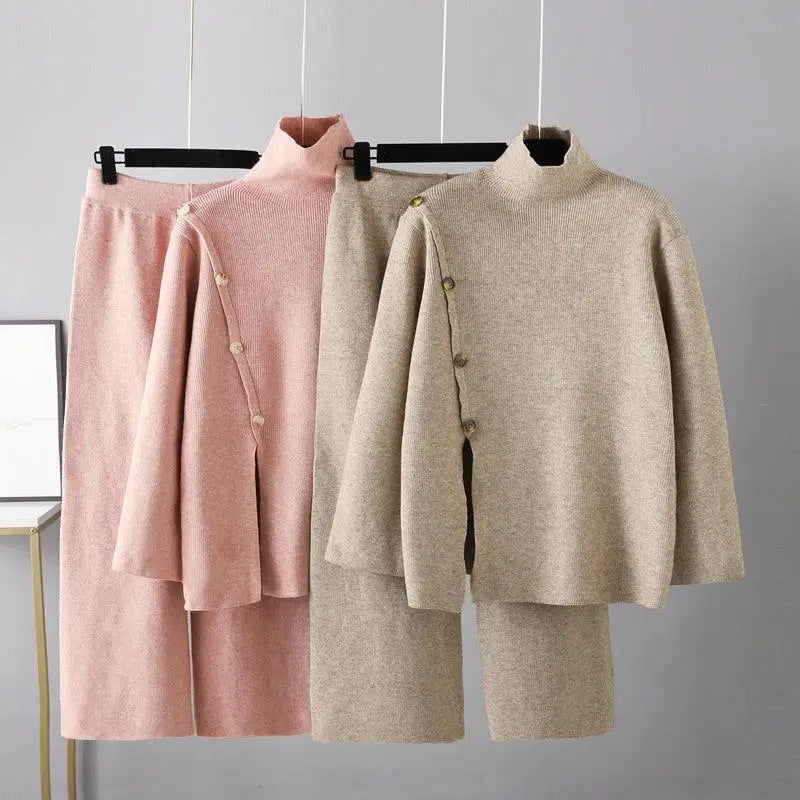 Small Design Stand Collar Split Knit High Neck Sweater for Women Two-Piece Set Nexellus